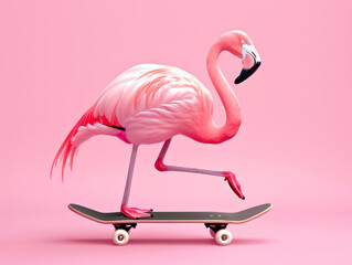 Flamingo on a skateboard on a pink background. Concept of fun, unusual sports, and creativity. Design for quirky advertisement, youth culture poster, and vibrant wildlife campaign with copy space. Stu