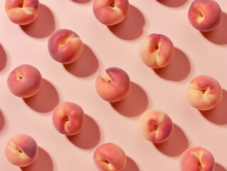 Rows of fresh peaches on a pink background. Concept of healthy eating, summer fruits, and agriculture. Design for food-related banner, poster, and background with copy space. Flat lay composition.