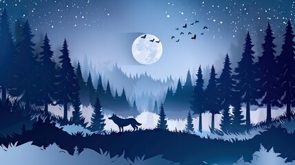 Mesmerizing night scene with wolf and full moon - Captivating night scene with a silhouetted wolf, full moon, forest, and a flock of birds under a starry sky
