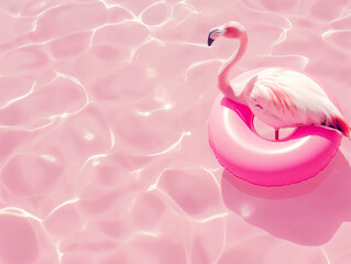 Flamingo pool float on a rippling water with pink light reflection. Concept of summer, vacation, and leisure. Design for holiday advertisement, poster, and social media backdrop with copy space. High 