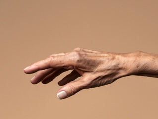 Human hand reaching out gesture on a beige background. Concept of assistance, connection, and human interaction. Design for social advertisement, poster, and healthcare communication with place for te