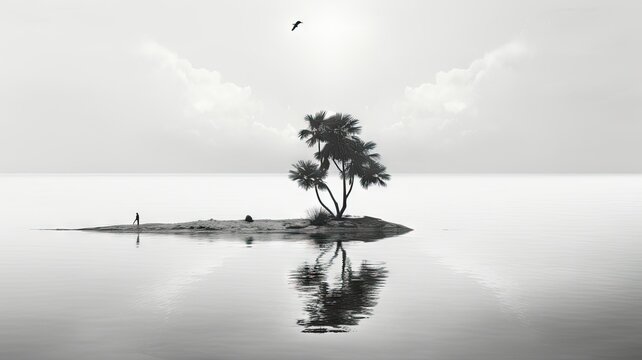 Lone Palm on Islet with Water Reflection and Bird - Captivating image of a solitary palm on a small islet with a flawless water reflection, and a single bird in the distance