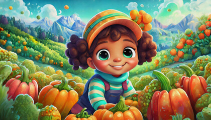 Fototapeta na wymiar oil painting style CARTOON CHARACTER CUTE BABY Children Exploring a vegetables Patch on a Chilly Autumn Day