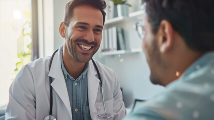 Amidst the comforting setting of a doctor's office, a male physician shares a moment of happiness with a patient, his smile and encouraging words embodying the essence of compassio - obrazy, fototapety, plakaty
