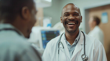 Against the backdrop of hospital activity, a male doctor's face lights up with joy as he shares optimistic updates with a patient, his demeanor reflecting genuine care and dedicati - obrazy, fototapety, plakaty
