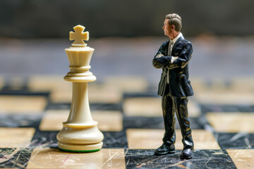A man stands in front of a chess piece, looking at it. The man is dressed in a suit and tie. Concept of strategy and concentration