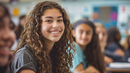 Fototapeta premium Amidst a group of students in a classroom setting, a female high schooler smiles brightly while seated at her desk, exuding positivity and enthusiasm for the academic environment,