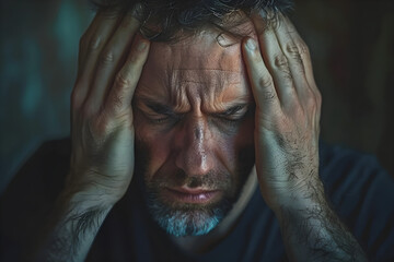 A worried man with hands on temples feeling unwell during epilepsy awareness month. - obrazy, fototapety, plakaty