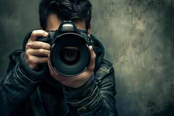 A man is taking a picture with a camera. He is wearing a black jacket and a scarf - obrazy, fototapety, plakaty