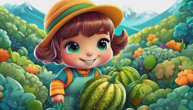 oil painting style CARTOON CHARACTER CUTE BABY Children Exploring a fruits Patch on a Chilly Autumn Day
