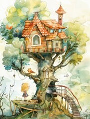 Watercolor fairy-tale treehouse in forest - Intricately detailed watercolor depiction of a whimsical treehouse with a girl, nested in a magical, lush forest environment