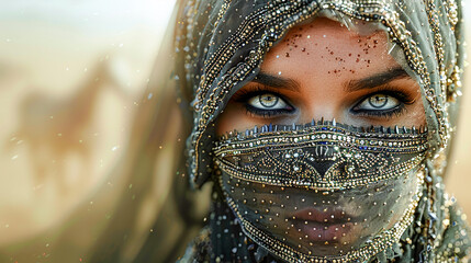 Young pretty Bedouin woman in the desert with veils and horses in the background Digital Art Wallpaper Background Backdrop Brainstorming Cover Card