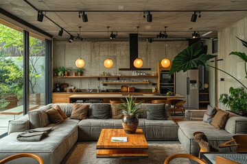  Modern interior design with concrete walls, dark gray sofa and orange pillows in the living room of an apartment on the top floor overlooking a jungle. Created with Ai