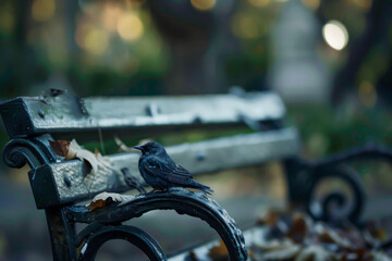 A black bird sits on a bench in a park. The bench is made of metal and has a leaf on it. The bird is perched on the bench, looking up at something in the distance. The scene is peaceful and quiet