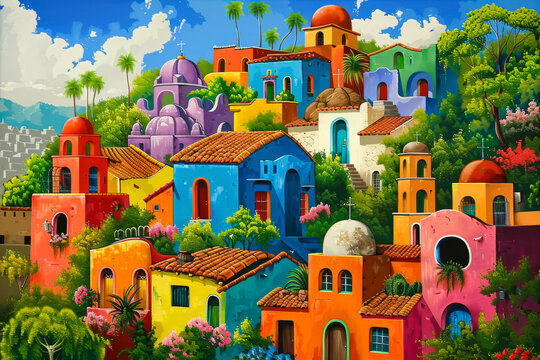 A colorful painting of a town with many houses and a church. The houses are painted in different colors and the church is in the middle. The painting has a lively and cheerful mood