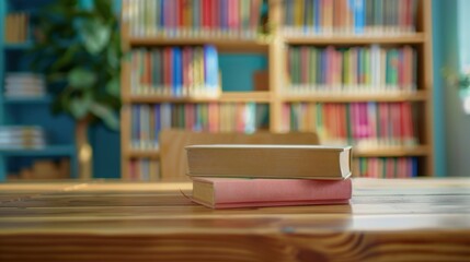 Close up book stack on wooden desk on blurred library room background. AI generated