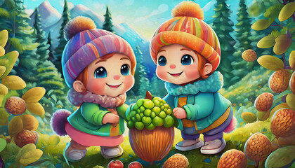 oil painting style cartoon character cute baby children exploring a acorn patch on a chilly autumn day