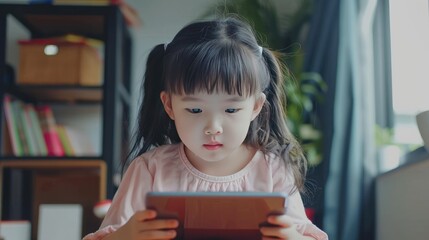 Portrait little Asian girl doing video call with tablet learning online study at home. AI generated