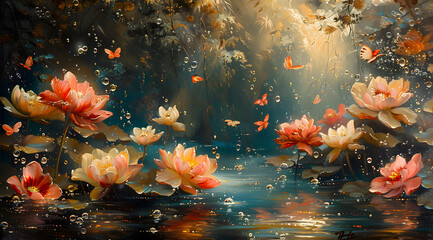 Obraz na płótnie Canvas Enchanted Depths: Oil Painting Capturing a Serene Underwater World of Floral Fantasy