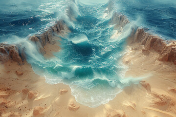 The meeting point of a tsunami and a desert, showing the collision of powerful ocean waves and...