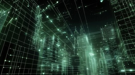 Fototapeta premium Glowing Network Illuminated Skyscrapers and Digital Connectivity in a Modern Financial District