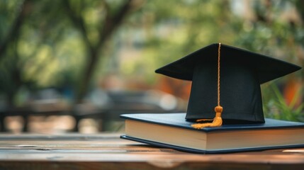 Portrait a graduation cap above a book on the wooden desk. AI generated image