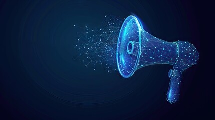 Glowing polygonal megaphone on blue background. Communication and raising public awareness concept, 3D Rendering. AI generated illustration - obrazy, fototapety, plakaty