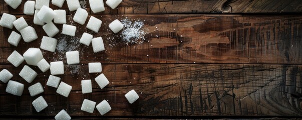 Sugar cubes scattered on a wooden surface. copy space for text. - Powered by Adobe