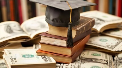 Closeup graduation cap on the pile of money papers for education scholarships concept. AI generated