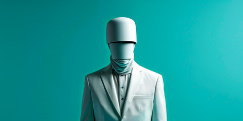 A man in a white suit stands in front of a green background. The man is wearing a tie and a white jacket. Concept of formality and professionalism - obrazy, fototapety, plakaty
