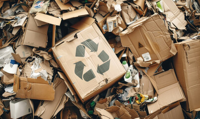 A pile of paper and cardboard materials marked with the universal recycling symbol ready for transport to recycling center
