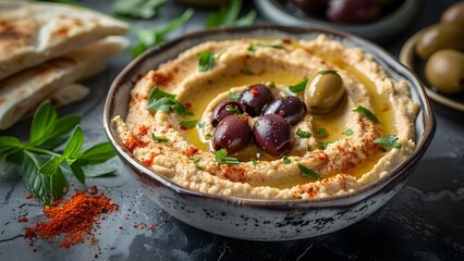 Closeup of fresh organic Lebanese hummus with olives pita herbs and paprika. Concept Food Photography, Middle Eastern Cuisine, Hummus Platter, Fresh Ingredients, Close-up Shots