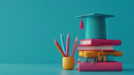 Illustration graduation cap on books stack with pencils against blue wall background. AI generated