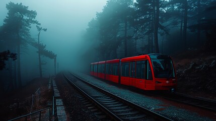A red train on the tracks, surrounded by a dark foggy forest, in the style of crimson and black, I cant believe how beautiful it is, with high resolution from a Nikon dslr, this detailed photo is surr