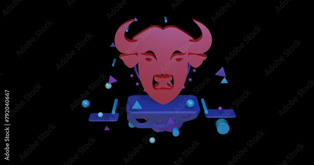Poster red buffalo head symbol on a pedestal of abstract geometric shapes floating in the air. abstract con