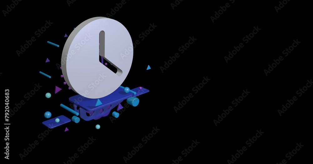 Poster white time symbol on a pedestal of abstract geometric shapes floating in the air. abstract concept a