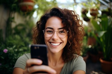 Young beautiful smiling happy girl taking selfie. Generative AI.