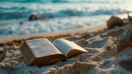 Old book on the sandy beach at sunset view background. AI generated image