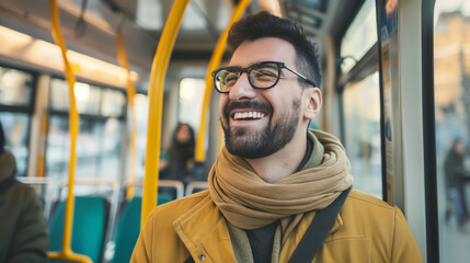 Homem sorrindo no transporte publico  - obrazy, fototapety, plakaty