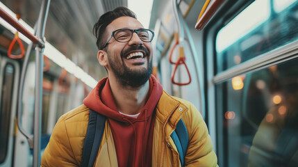 Homem sorrindo no transporte publico  - obrazy, fototapety, plakaty
