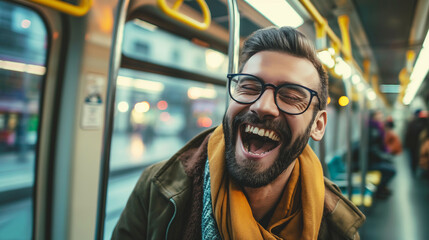 Homem sorrindo no transporte publico 