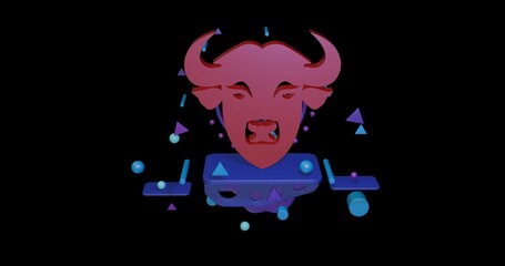 Red buffalo head symbol on a pedestal of abstract geometric shapes floating in the air. Abstract concept art with flying shapes in the center. 3d illustration on black background