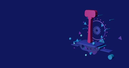 Pink mallet symbol on a pedestal of abstract geometric shapes floating in the air. Abstract concept art with flying shapes on the right. 3d illustration on indigo background