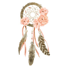 Dreamcatcher watercolor illustration. Drawing of dream catcher with rose flowers on isolated background in boho style. Bohemian tribal amulet with feather and ribbons for wedding invitations or icon.