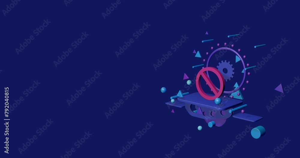 Poster pink stop symbol on a pedestal of abstract geometric shapes floating in the air. abstract concept ar