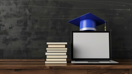 Books stack, laptop and graduate cap on wooden table against blackboard background. AI generated