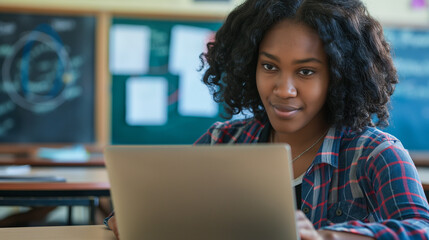 Mulher afro na sala de aula usando um leptop