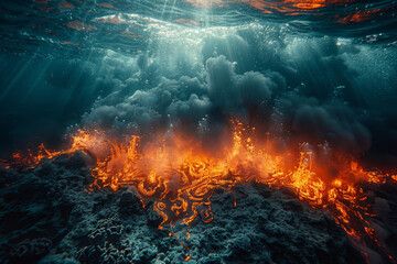 The meeting point of a volcanic eruption and a coral reef, symbolizing the collision of molten lava...