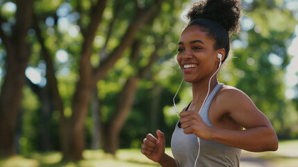 Mulher usando um fones de ouvido e correndo no parque - obrazy, fototapety, plakaty