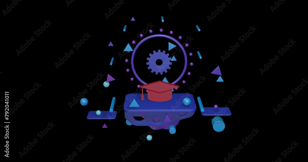 Aufkleber red square academic cap symbol on a pedestal of abstract geometric shapes floating in the air. abstr